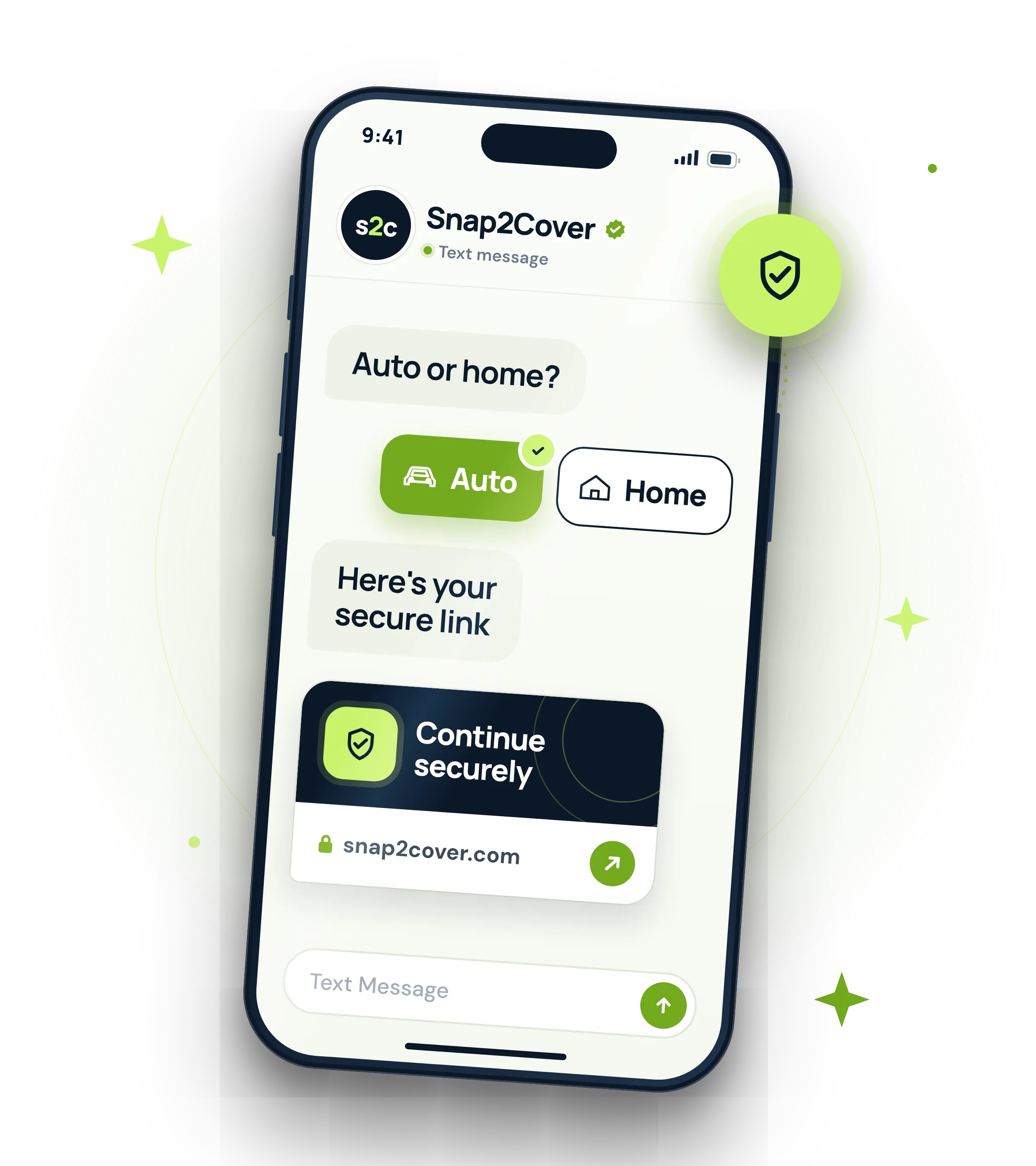 Snap2Cover text message on a phone asking auto or home, with a secure link to continue